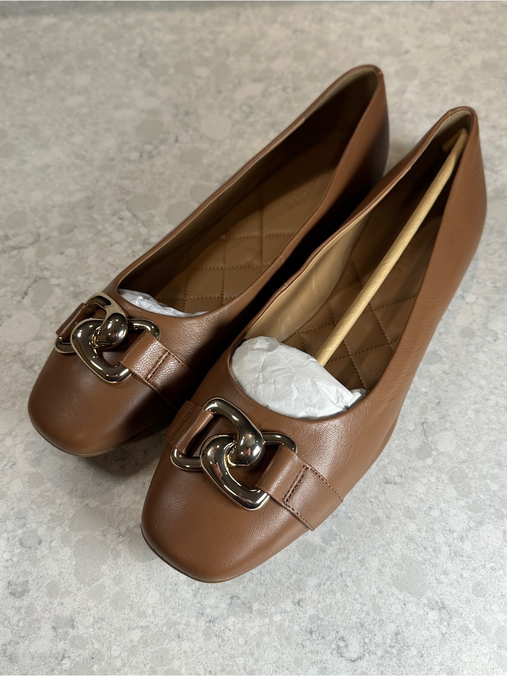 AEROSOLES Tan Leather Chain-Detail Ballet Flats